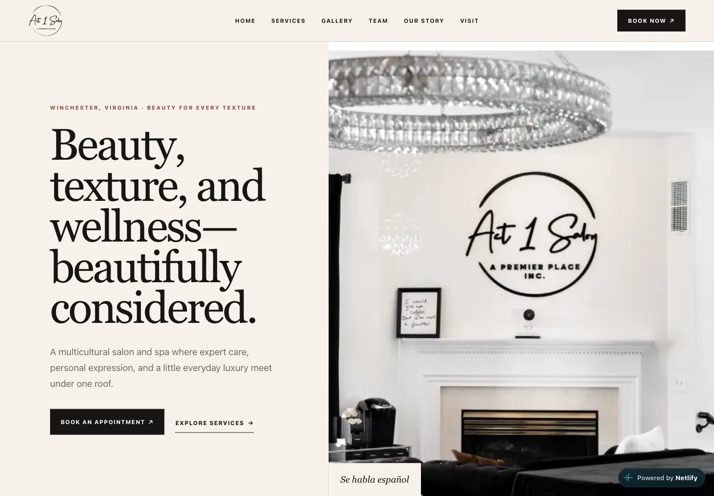 Salon website design example: Act 1 Salon desktop site