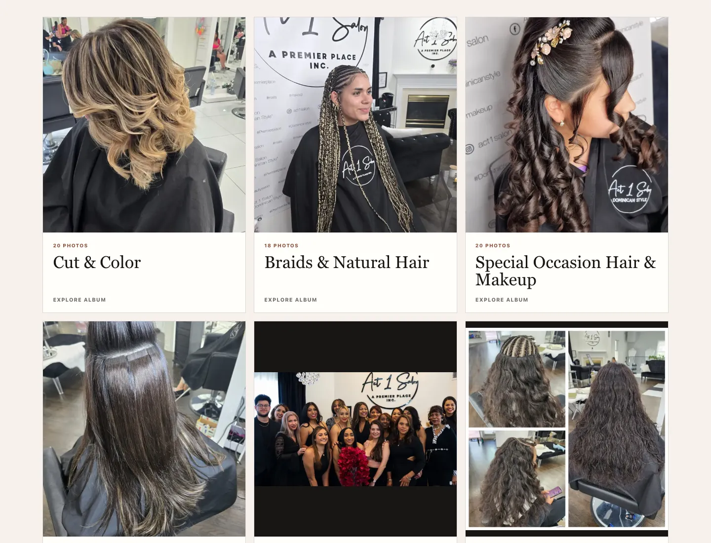 Act 1 Salon gallery page showing album cards for Cut and Color, Braids and Natural Hair, Special Occasion Hair and Makeup, and Hair Extensions