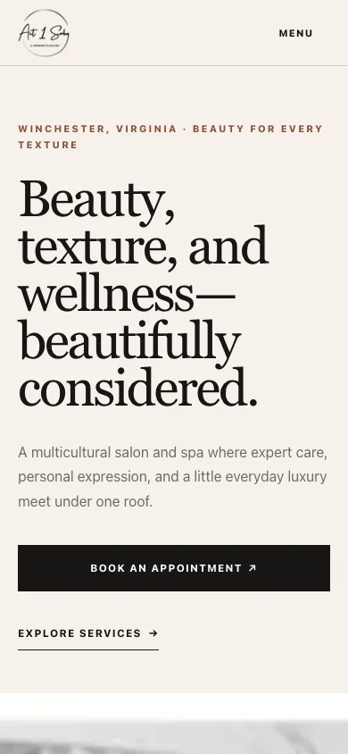 Act 1 Salon home page in a 390 pixel wide phone-sized viewport