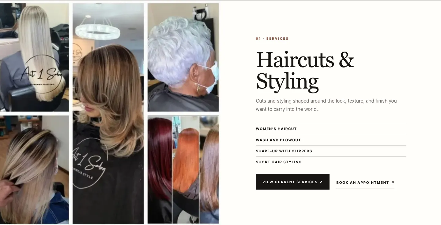Act 1 Salon services page: Haircuts and Styling with photo collage, service list, and View current services and Book an appointment links