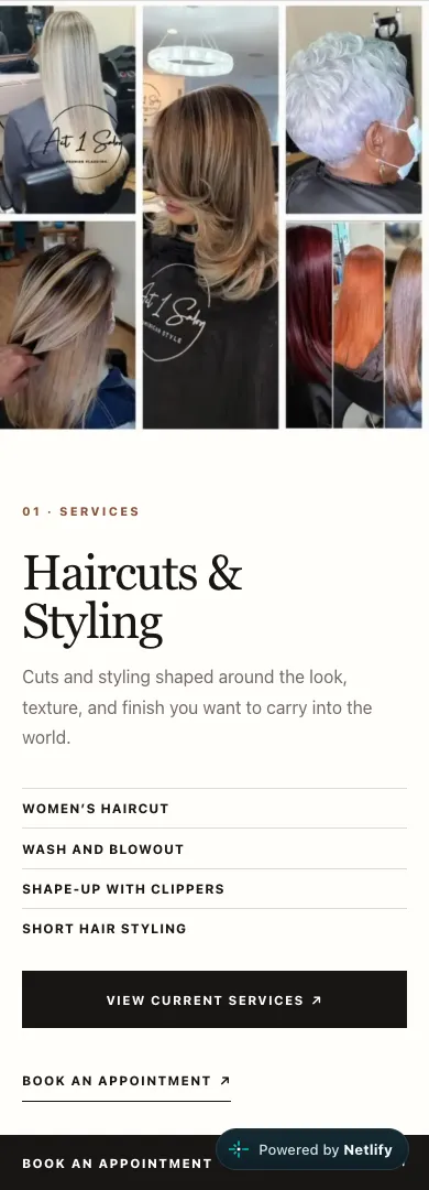 Act 1 Salon services section in a 390 pixel wide phone-sized viewport