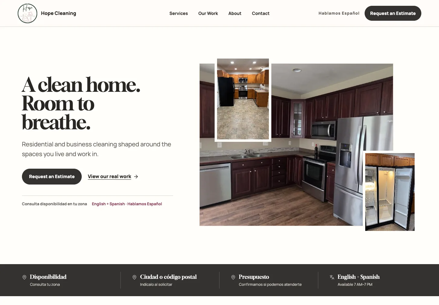 Live Hope Cleaning homepage with warm typography, kitchen photography, and an estimate button