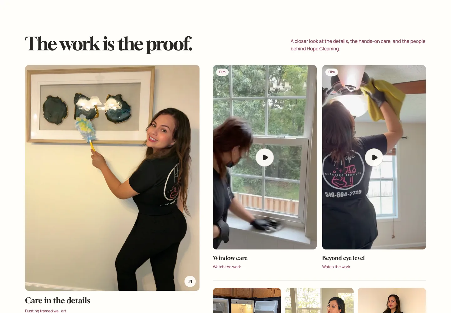 Hope Cleaning live work gallery showing client-supplied photos and video previews